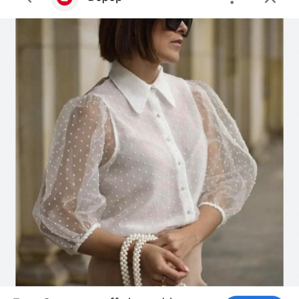 Zara White Swiss Dot Sheer Puff Sleeve Organza Button Up Blouse, Sz S